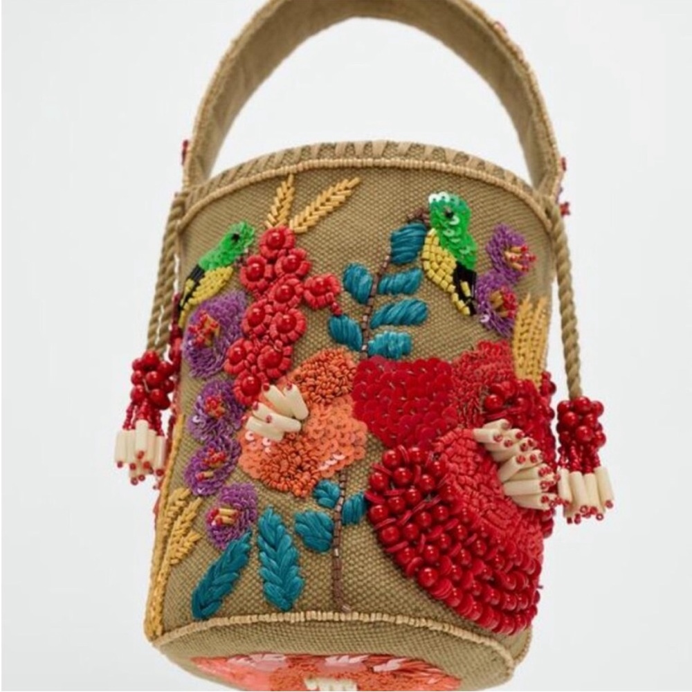 NWT ZARA BEADED BASKET BAG - Picture 4 of 11